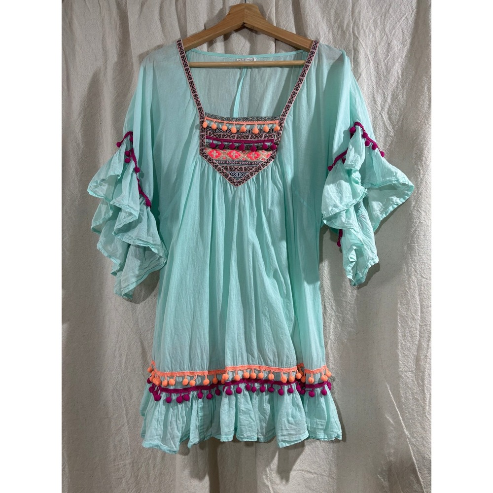 Aqua Blue Cotton Boho Tunic Pom Pom Embroidered Ruffle Dress Top Resortwear L/XL